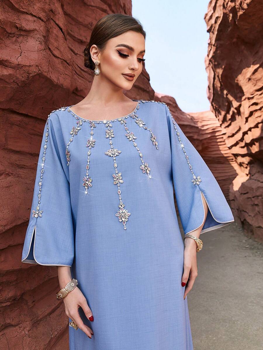 Layrah 蓝色休闲缝线水钻优雅晚会超长连衣裙优雅奢华长袖阿拉伯连衣裙，卡夫坦 - 淺藍色 - 查看 1