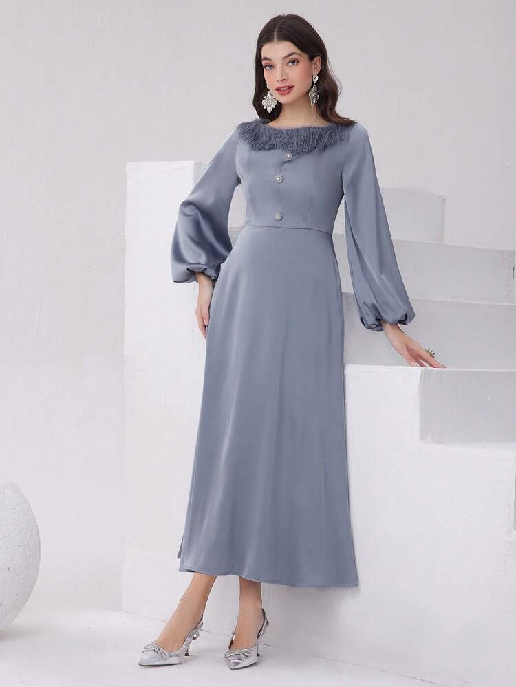 Women's Fuzzy Decorated Lantern Sleeve Dress Modest Dress Long Evening Dresses