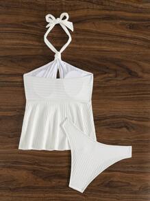 SHEIN Swim Summer Women's Solid Ribbed Halter Top & Swim Bottom Tankini Set - White - View 7