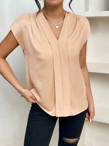 SHEIN Essnce Của phụ nữ Màu thuần Cổ chữ V Batwing Ngắn tay Áo sơ mi - Rượu sâm banh - Xem 4