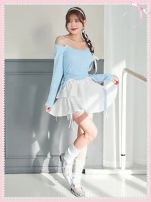 SHEINNeu 白色夏季短裙芭蕾蝴蝶结可爱蕾丝边短裙迷你短裙生日女士服装情人节衣服 - 白色 - 查看 5