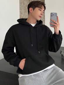 DAZY Men Kangaroo Pocket Drop Shoulder Drawstring Hoodie Without Tee - Black - View 1