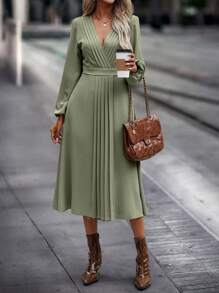 SHEIN Clasi Solid Pleated Detail Surplice Neck A-line Dress - Green - View 3