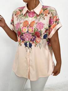 SHEIN LUNE Kích thước lớn In hoa Áo sơ mi - Màu be - Xem 3