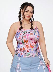 SHEIN Qutie Plus Size Doodle Tank Top - Multicolor - View 4