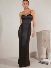 Hauture Women See-Through Contrast Mesh Cup Detail Maxi Cami Dress - Black - View 3