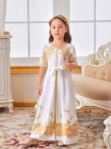 Ramadan Girls Middle East Style Modest Golden Ribbons Banquet Dress - Gold - View 6
