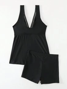 SHEIN Swim Women's Summer Beach Hollow Out Vest Style Tankini Set, Mature And Charming Style