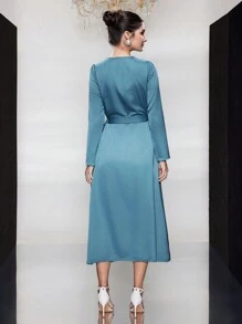 Modelyn 女式束带 A 字形连衣裙，配编织饰边细节长款晚礼服 - 藍色 - 查看 5