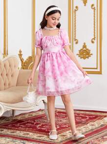 SHEIN Tween Girls' Tie Dye Print Short Puff Sleeve Butterfly Belted A-Line Dress - Pink - View 4