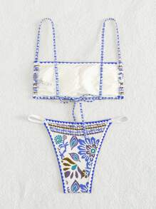 SHEIN Swim Ladies' Flower Pattern Print Two-Piece Bikini Set Summer Beach - Multicolor - View 5