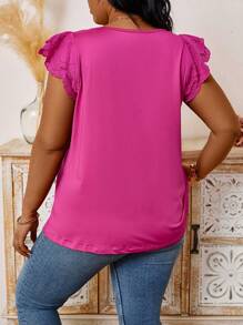 Calvaya Plus Size Women's Square Neck Short Flutter Sleeve T-Shirt - Hot Pink - View 2