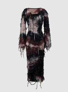 VaVaBold Women's Stretchy Tie Dye Draped Neck Asymmetrical Fringe Hem Dress In Distressed Style - Multicolor - View 1