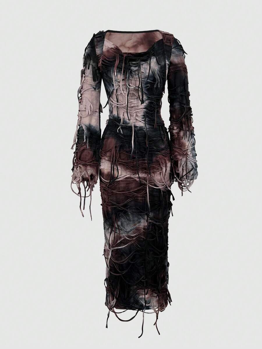 VaVaBold Women's Stretchy Tie Dye Draped Neck Asymmetrical Fringe Hem Dress In Distressed Style - Multicolor - View 1