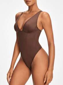 SHAPORA Women's Casual Coffee Brown High Stretch Plain Bodysuit With Backless Detail And Deep V Neckline For A Flattering Fit - Coffee Brown - View 5