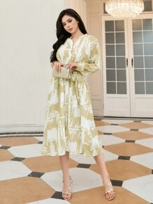 DAZY 长袖印花系带衬衫裙，秋季度假装女式长款连衣裙 - 黃色 - 查看 5