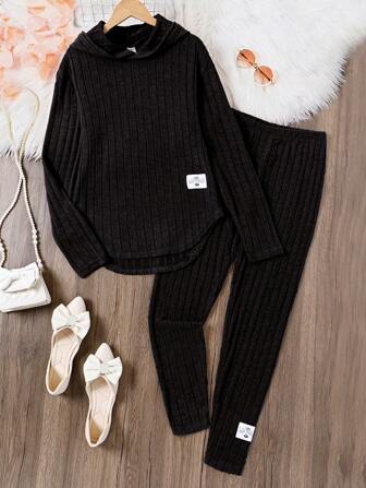 Teen Girls Solid Color Ribbed Knitted Patch Detailed Two-Piece Set