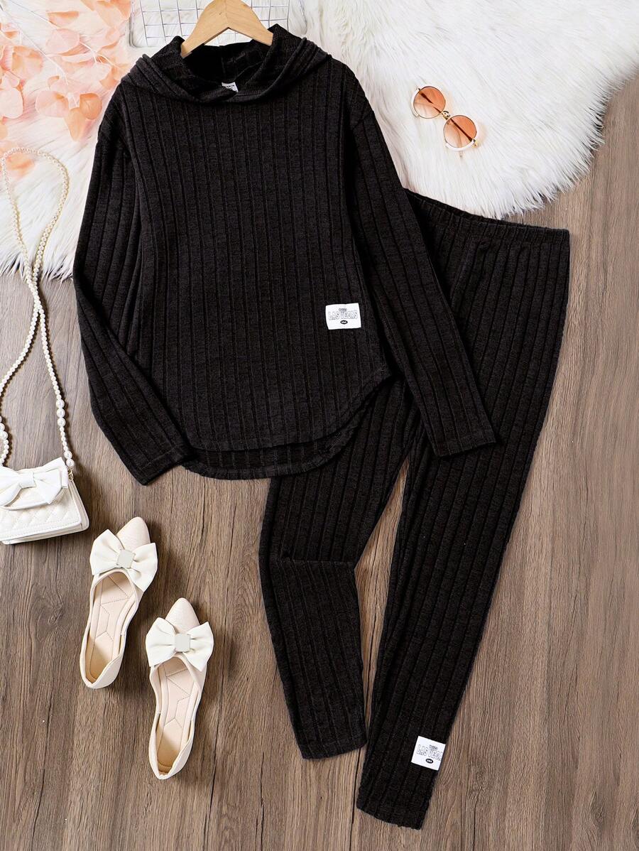 Teen Girls Solid Color Ribbed Knitted Patch Detailed Two-Piece Set - Black - View 1