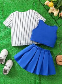 Baby Girl Street Style, Fashionable Striped Short Sleeve Shirt, Comfortable Crop Top, Pleated Skirt Three Piece Set With Letter Printed, Summer