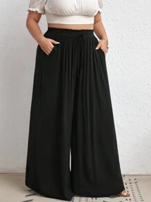 SHEIN CURVE+ Plus Size Women's Wide Leg Pants With Waist Tie
