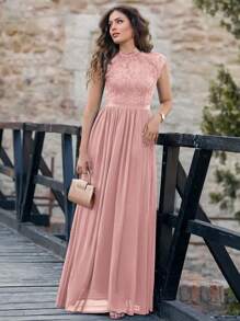 MIUSOL Elegant Floral Lace Mock Neck Cap Sleeve Pleated Hem Prom Party Dress Formal Evening Wedding Guest Gown, For Graduation, Dinner - Baby Pink - View 8