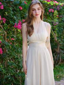 Women's Waist Cinched Halterneck Dress - Beige - View 3