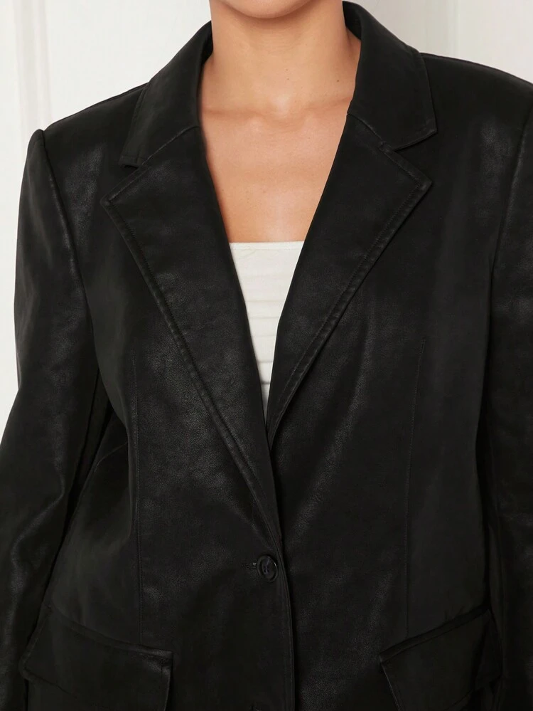 Women's Washed Pu Leather Blazer Suit Jacket