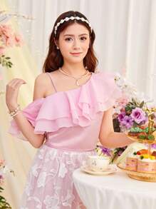 SHEIN Leap Crew 少女缎面蕾丝拼接上衣和网眼刺绣裙子，带荷叶边下摆两件套，适合婚礼派对 - 粉色 - 查看 5