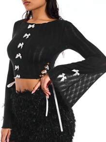 SHEIN BAE 女士復古蝴蝶結剪裁仿舊喇叭袖 T 卹 - 黑色 - 查看 7