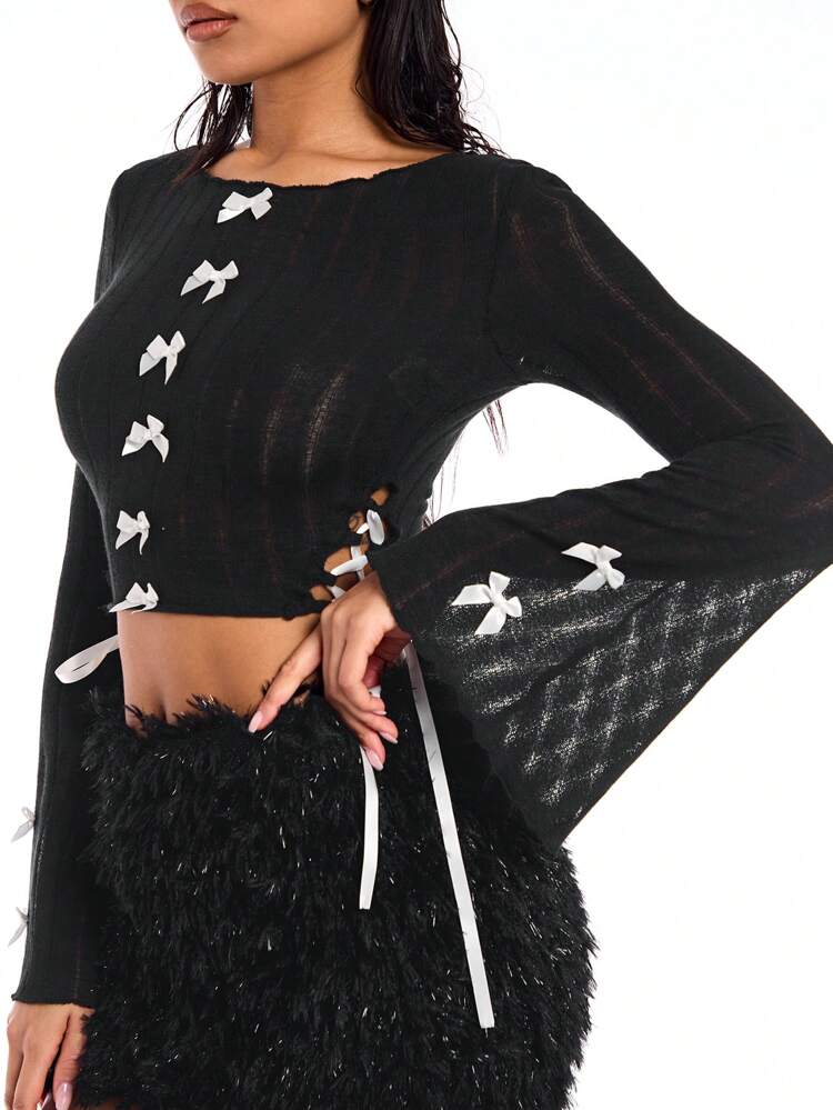 Women's Retro Bowknot Cut Out Distressed Bell Sleeve T-Shirt