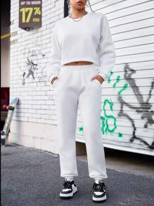 SHEIN Sports Solid Color Casual Sports Suit Women Tracksuit - White - View 4