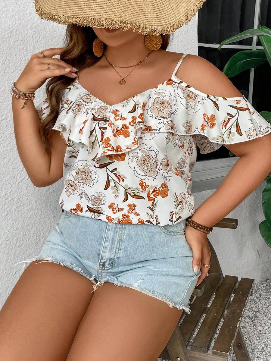 SHEIN Frenchy Plus Size Hollow Out Shoulder Ruffle Hem Summer Blouse Music Festival Country Concert Tops - Multicolor - View 1