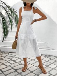 SHEIN LUNE Ladies Solid Color Hollow Out Embroidery Straps Dress - White - View 4