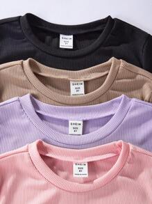 SHEIN 4入組單色圓領短袖t恤,適用於中小學女孩