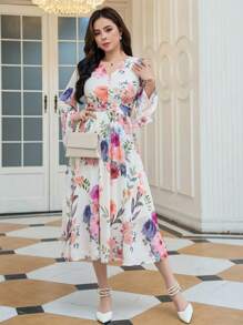 DAZY Vestido Estampado Floral Con Cuello En V Y Mangas Anchas, Estilo De Vacaciones - Multicolor - Ver 3