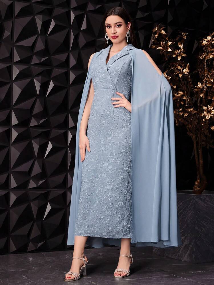 Women Floral Jacquard Textured Fabric Dress And Cold-Shoulder Cloak Sleeve Coat Two-Piece Set, Evening Gown With Cape,Elegant Evening Party Dress 2 Piece Set