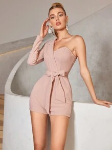 SHEIN Belle Mono de punto con cuello asimétrico y unicolor - Rosa vieja - Ver 1