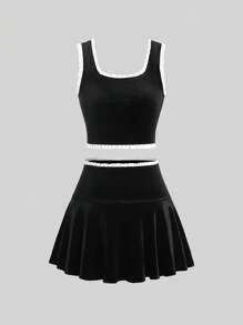 SHEIN Unity 蕾絲拼接兩件套裝 - 黑色 - 查看 1