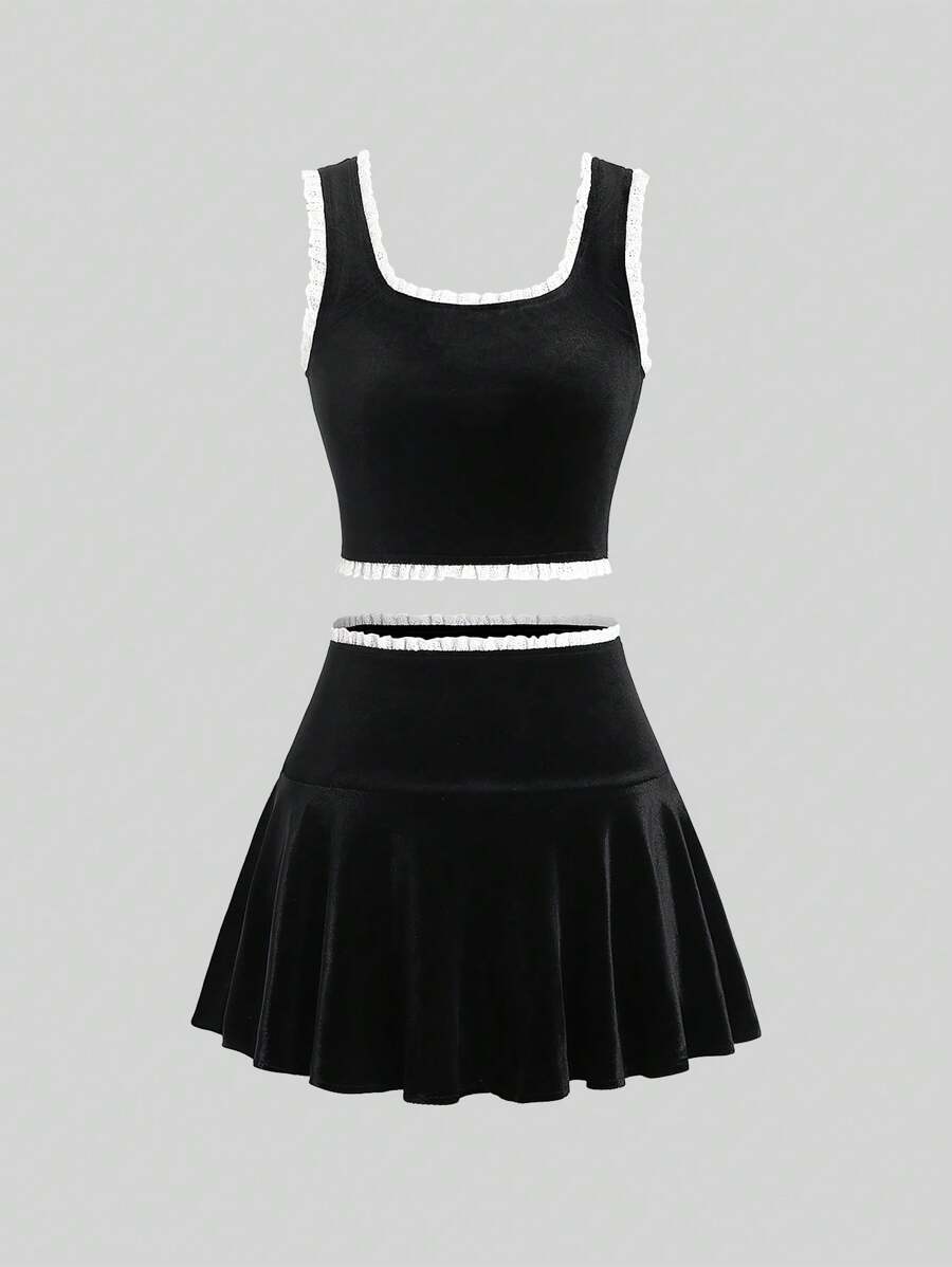 SHEIN Unity 蕾絲拼接兩件套裝 - 黑色 - 查看 1