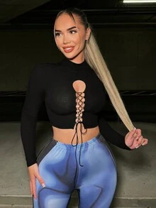 SHEIN SXY Của phụ nữ Gợi cảm Xu hướng: Cắt giảm Dây đeo Tay áo dài Áo thun - màu đen - Xem 6