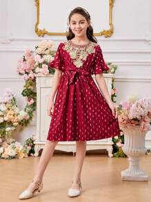 Vestido De Cuello Redondo Para Niñas Preadolescentes Con Mangas Y Dobladillo Con Volantes Decorados Con Encaje, Detalle De Lámina Dorada - Burdeos - Ver 5