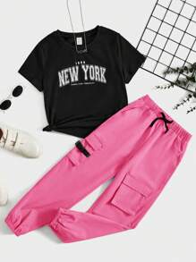 SHEIN Cô gái Tween Lá thư In Ngắn tay Áo thun Và Quần Cargo Giải trí - Màu Hồng Tươi - Xem 1
