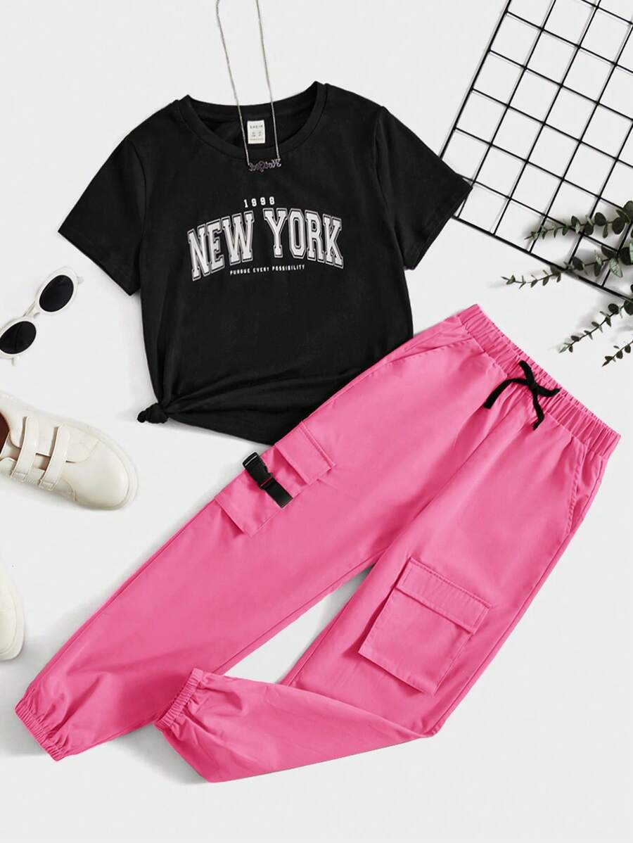 SHEIN Cô gái Tween Lá thư In Ngắn tay Áo thun Và Quần Cargo Giải trí - Màu Hồng Tươi - Xem 1