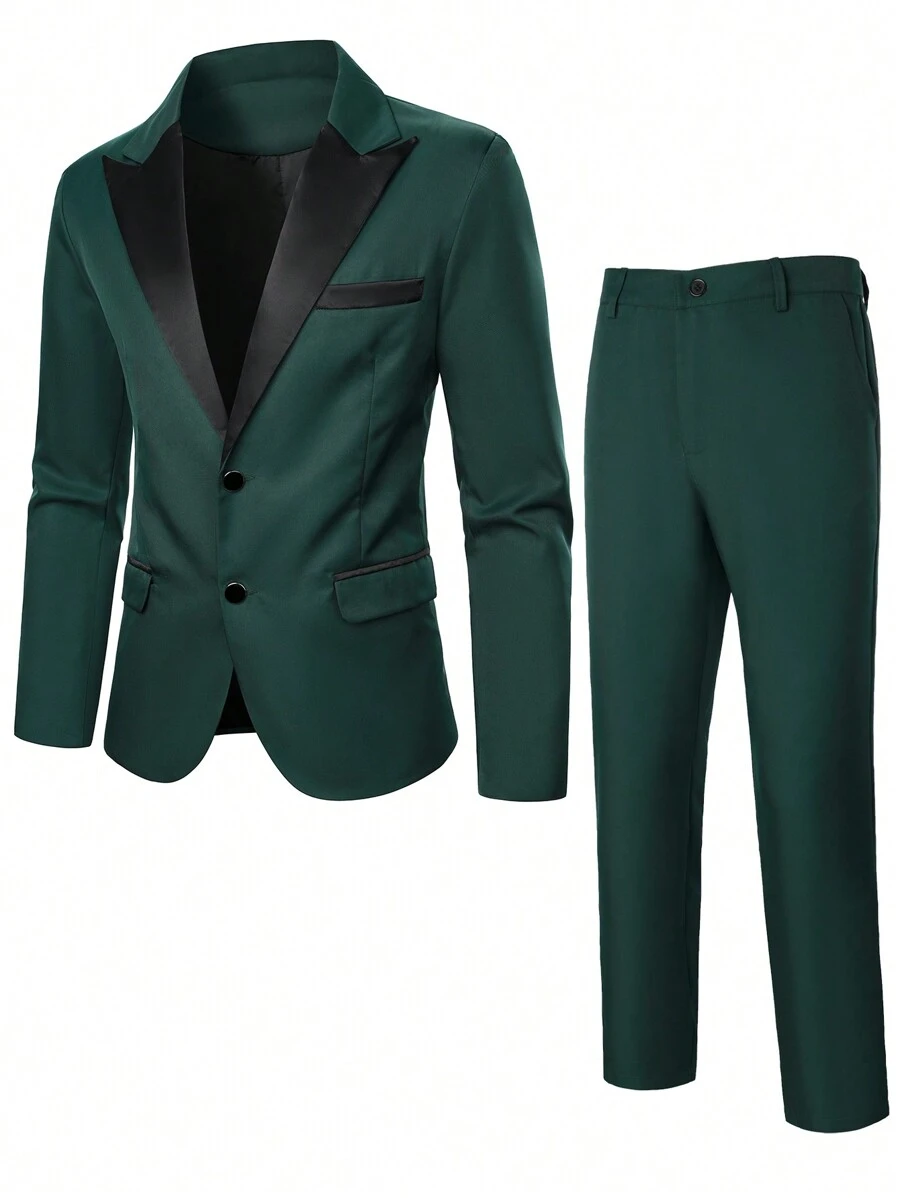 Manfinity Mode Conjunto de chaqueta y pantalones de traje de boda de manga larga con bloques de color para hombre - Verde - Ver 1