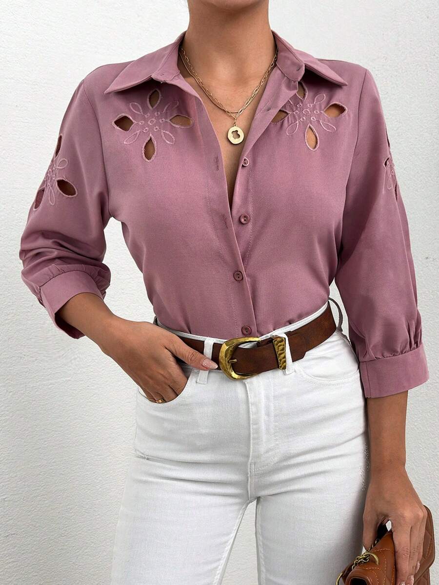 EURMUSE Hollow Out Embroidered Long Sleeve Shirt - Mauve Purple - View 1