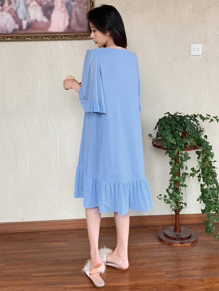 Solid Color Mesh Splice With Ruffles Ladies' Nightgown Pajama