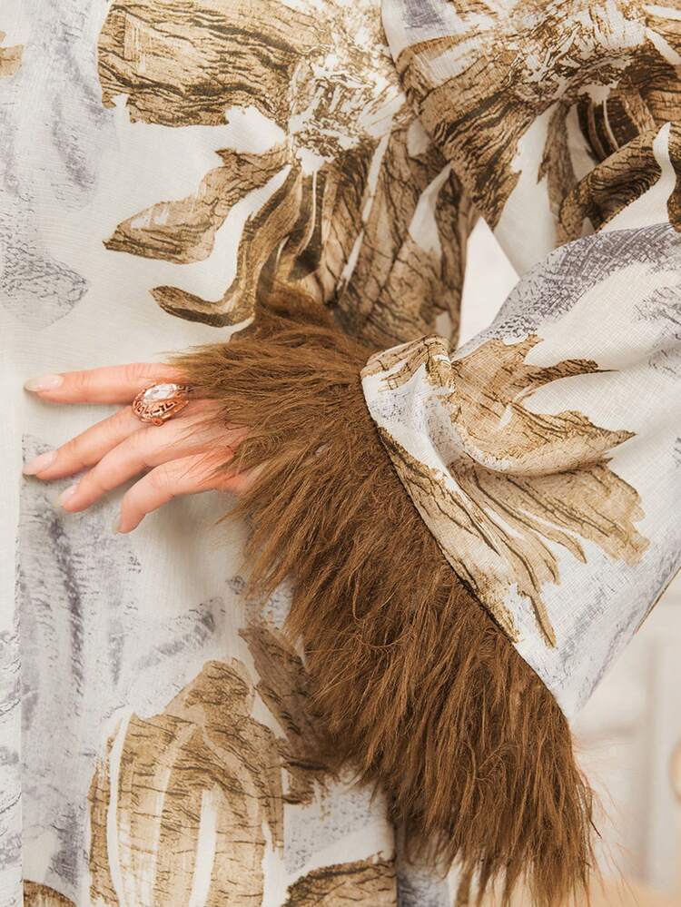 Plus Size Arabic Clothing Printed V-Neckline Dress With Notched Collar And Long Sleeves Kaftan Jalabiya Dress