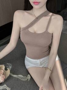 DAZY Women's Solid Color Oblique Shoulder Halter Knitted Top - Khaki - View 8