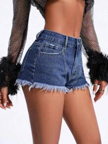 SHEIN BAE Women's Frayed Hem Denim Shorts - Blue - View 3