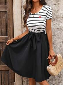 Chiquease Women's Casual Round Neck Love Patch Striped Dress